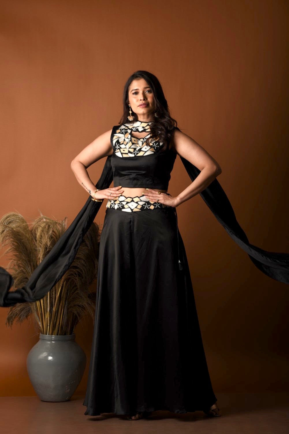 Black geometric work palazzo set