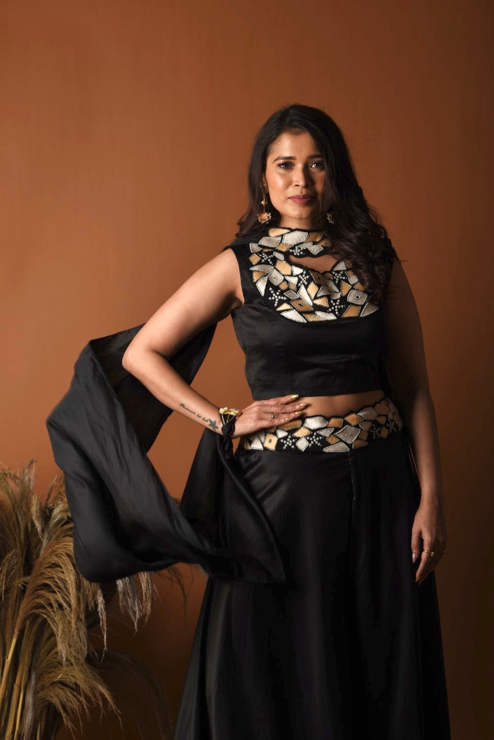 Black geometric work palazzo set