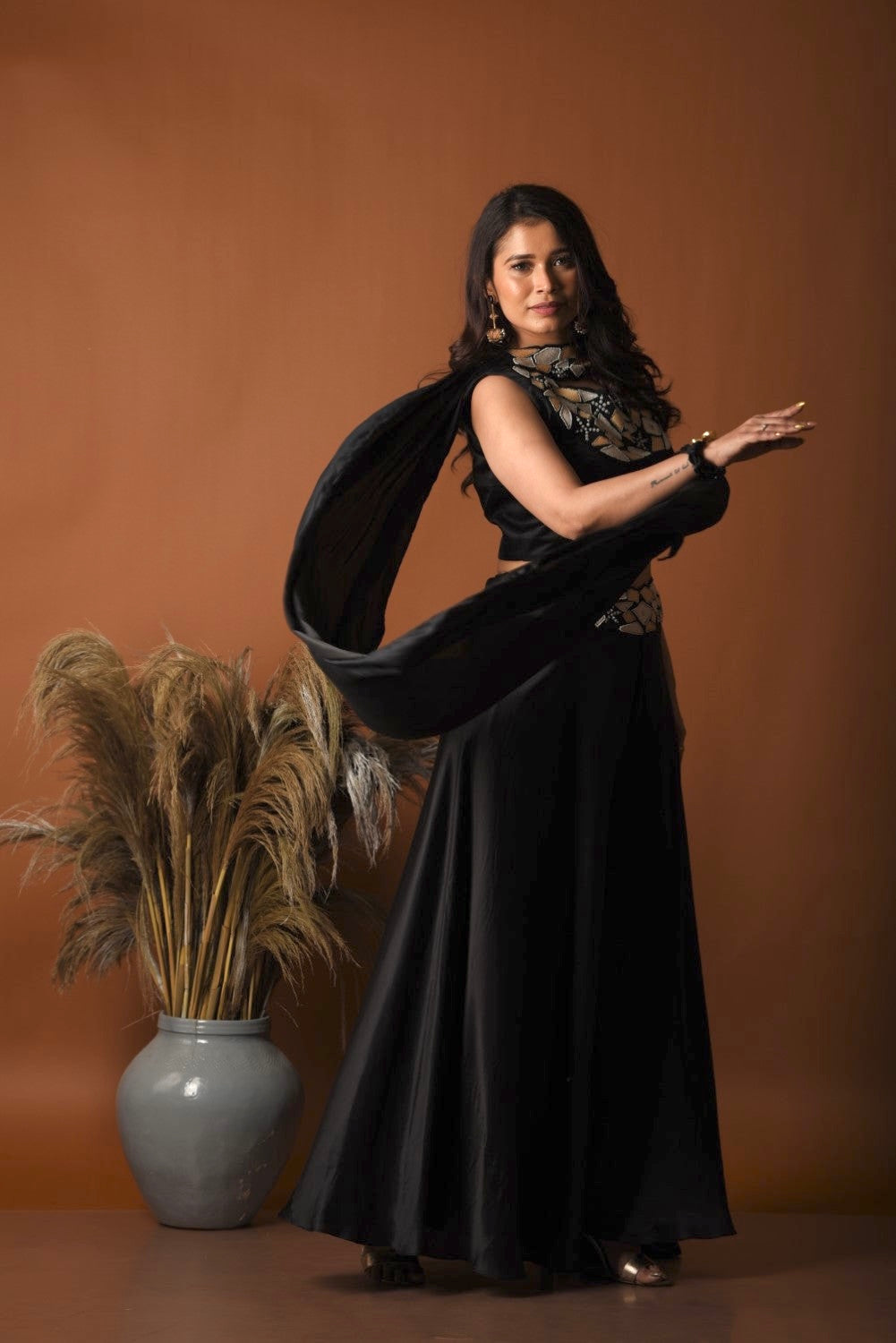 Black geometric work palazzo set