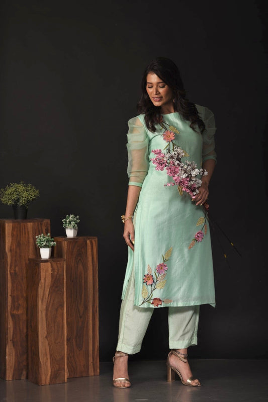 Turquoise floral applique kurti set