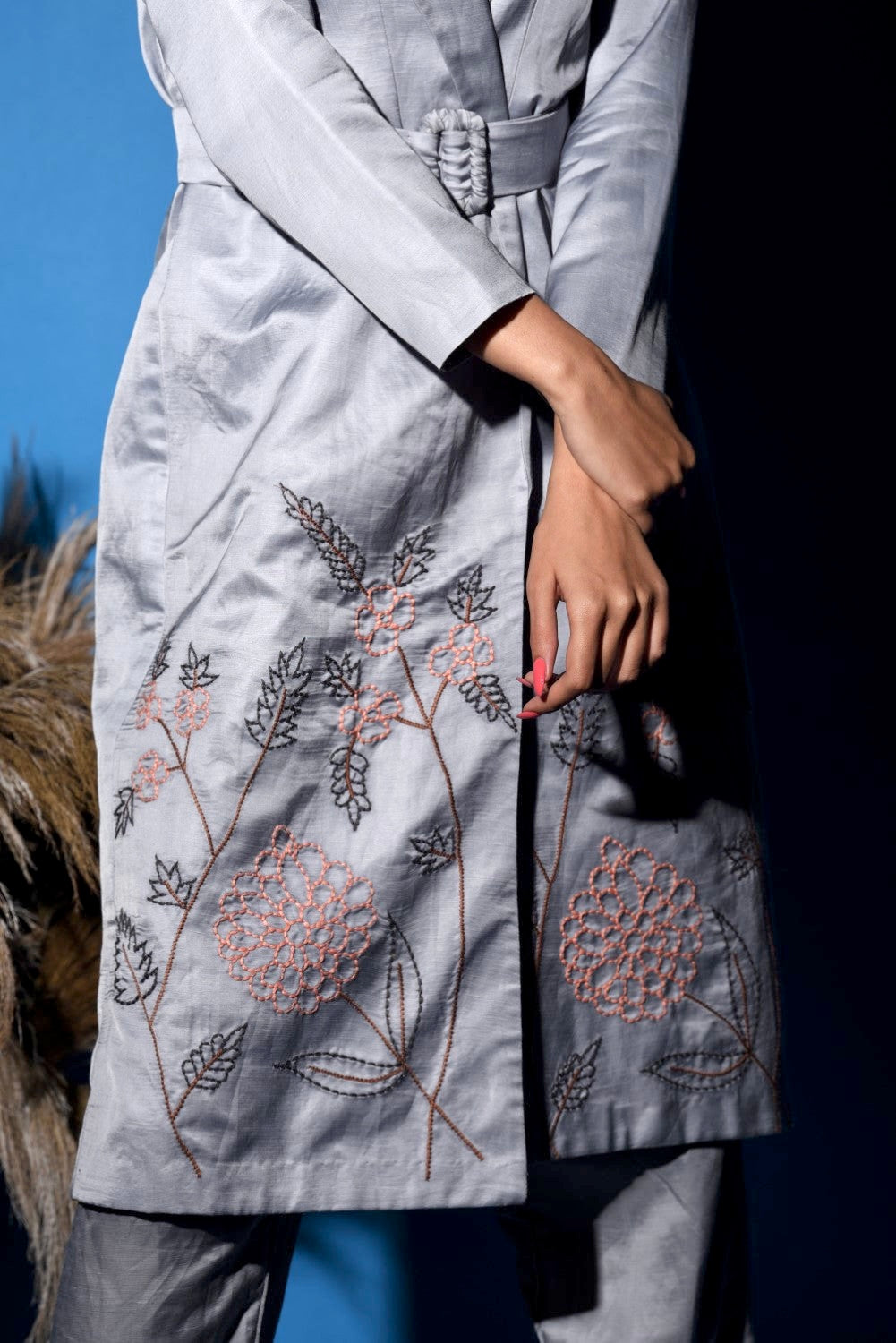 Grey embroidered trench coat style kurti set