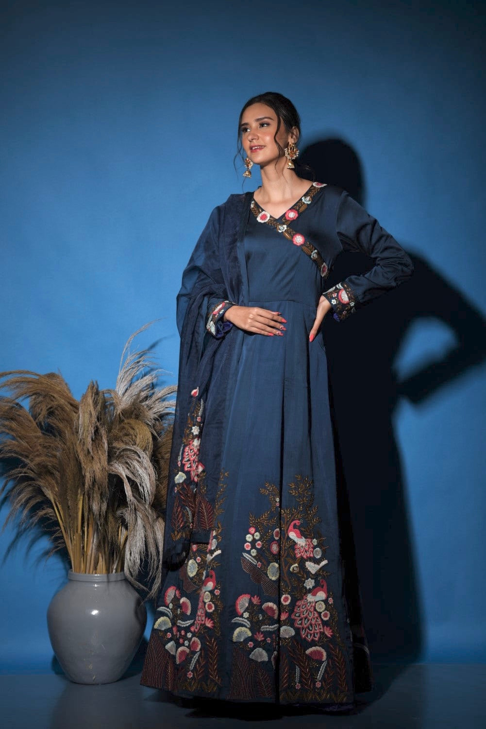 Blue peacock embroidered anarkali gown set