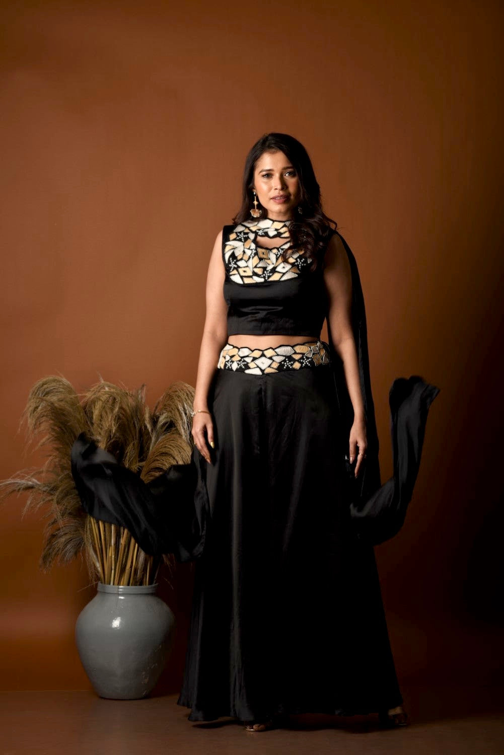Black geometric work palazzo set