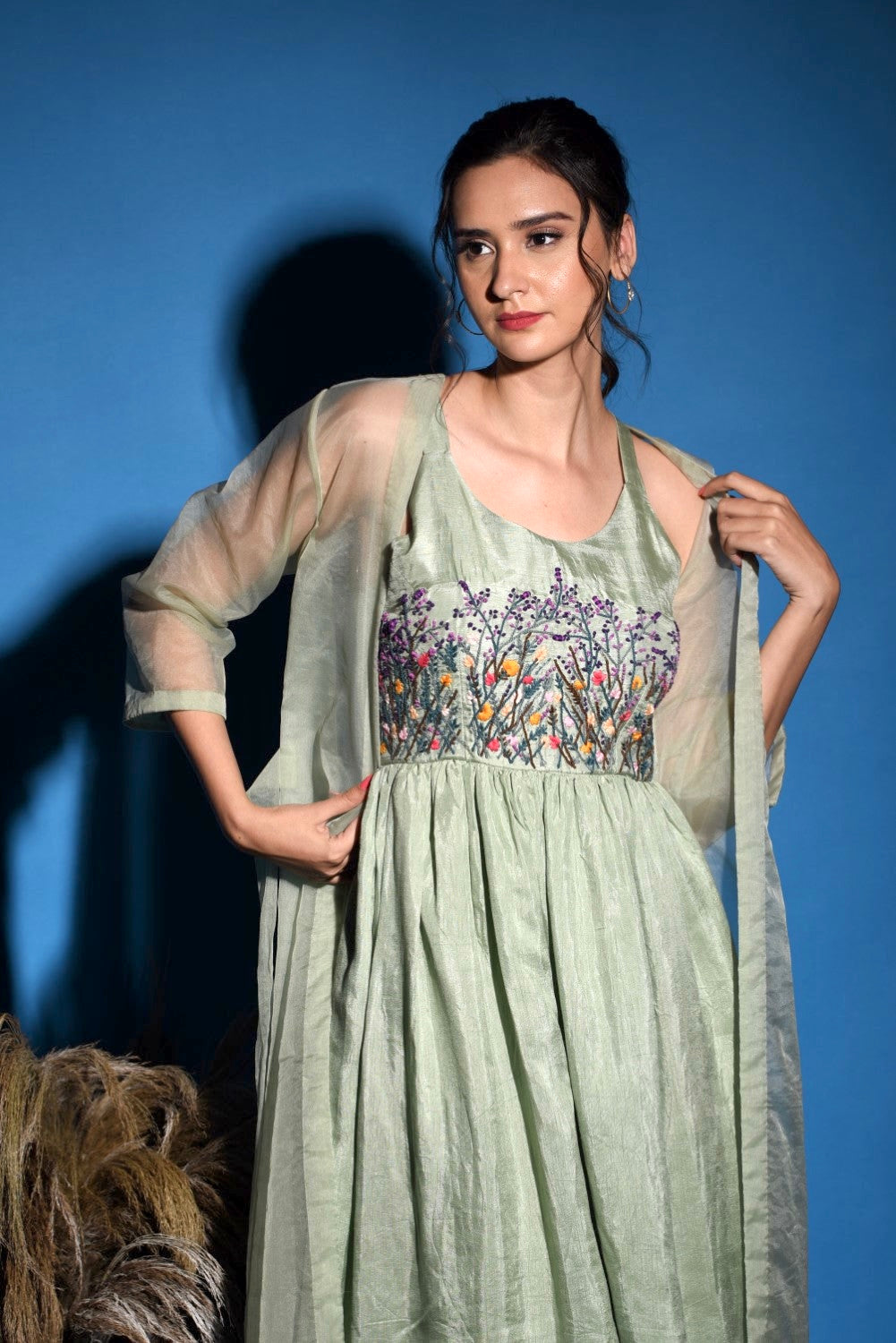 Mint green gathered midi dress with jacket