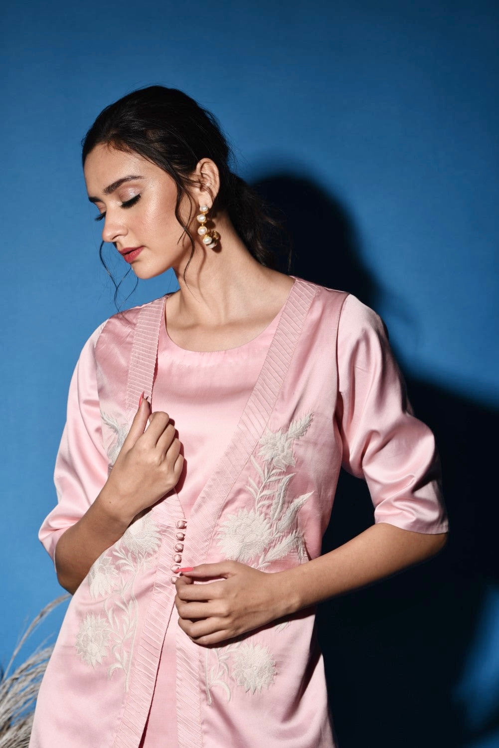 Baby pink jacket style kurti set