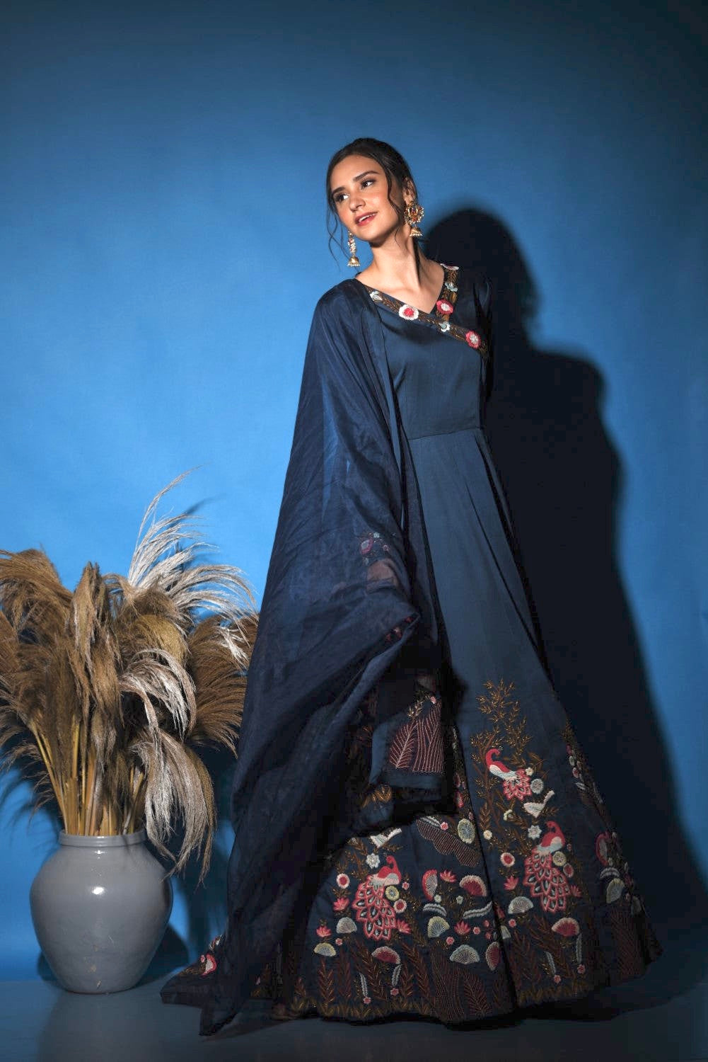 Blue peacock embroidered anarkali gown set