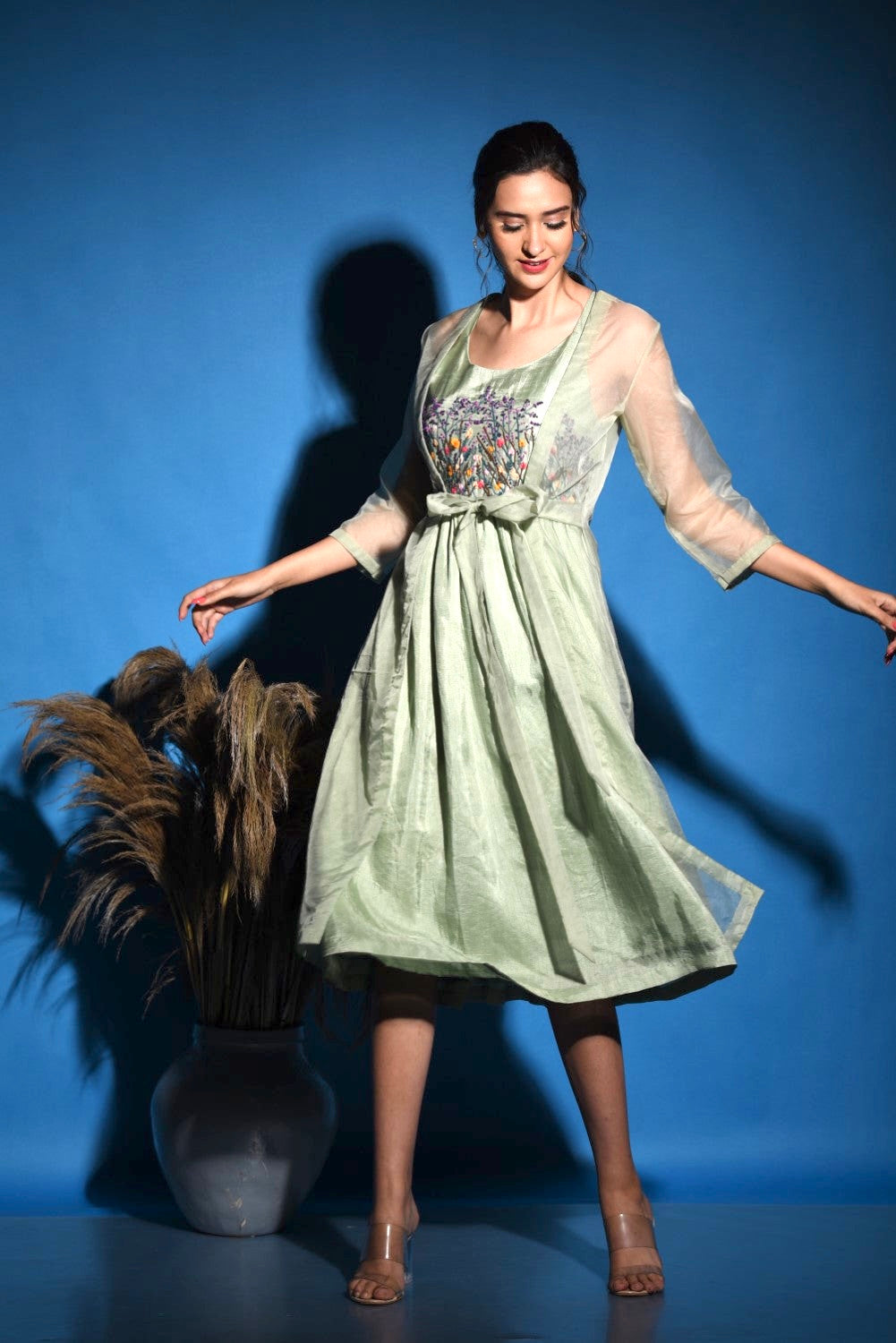 Mint green gathered midi dress with jacket