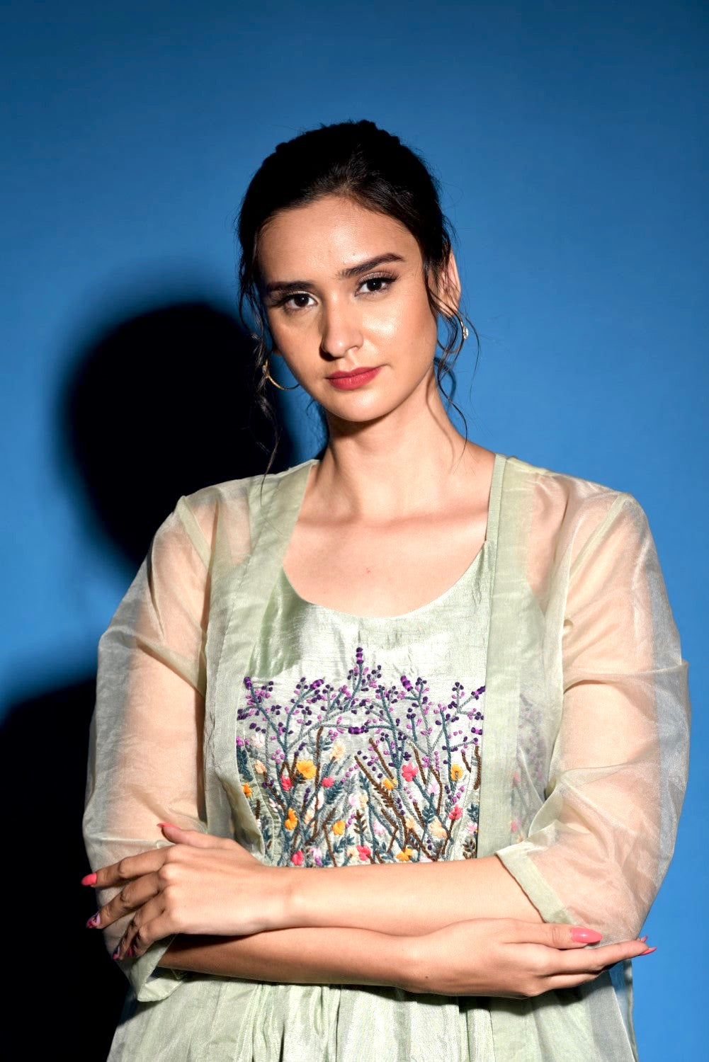 Mint green gathered midi dress with jacket