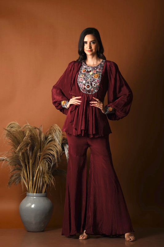 Maroon peplum top and sharara set