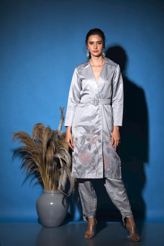 Grey embroidered trench coat style kurti set