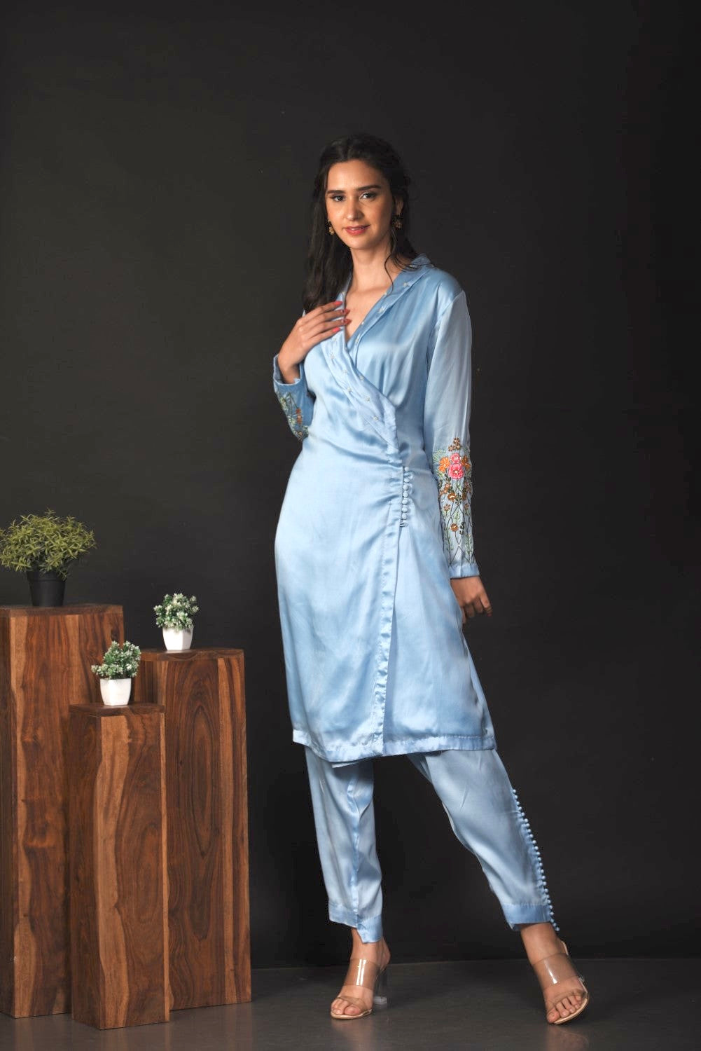 Ice blue embroidered wrap kurti set