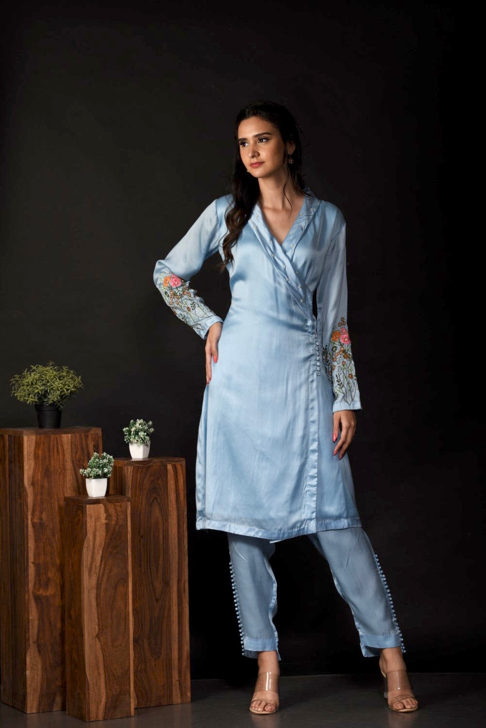 Ice blue embroidered wrap kurti set