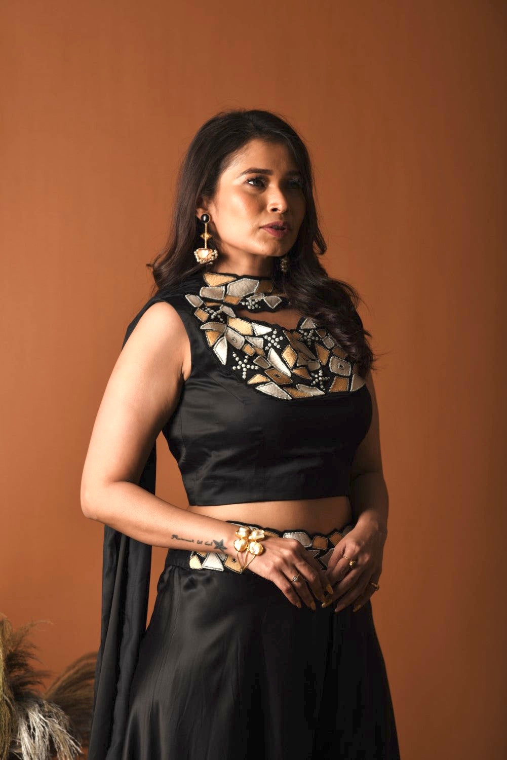Black geometric work palazzo set