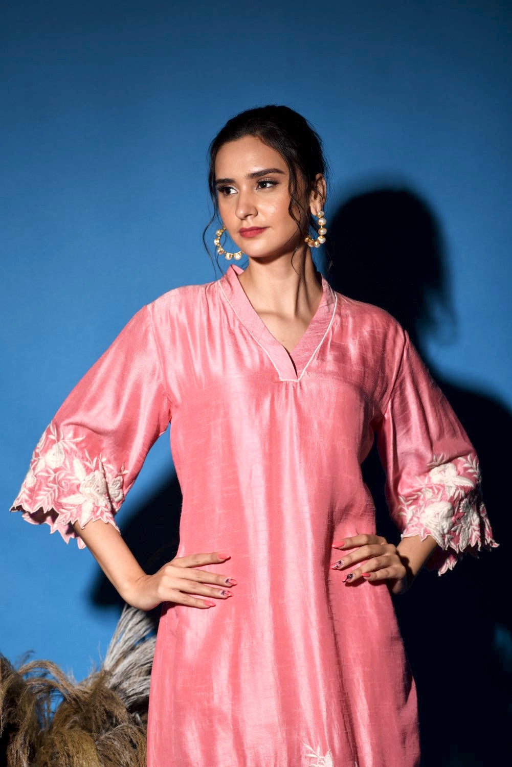 Peachy pink embroidered kurti set