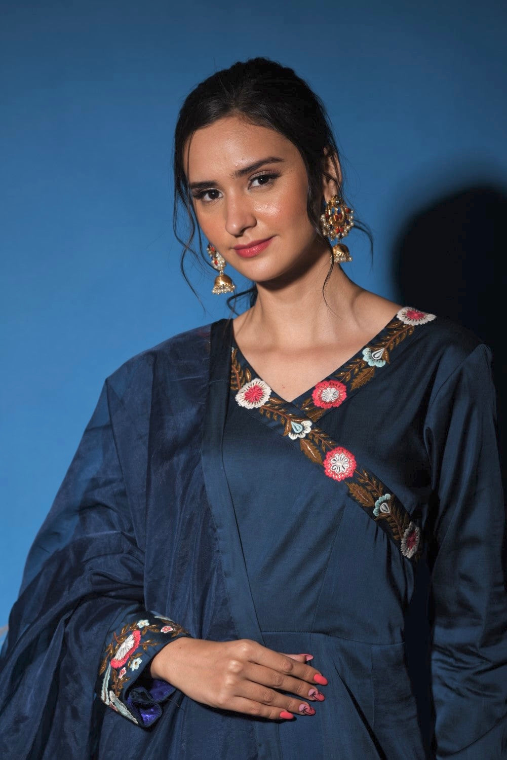 Blue peacock embroidered anarkali gown set