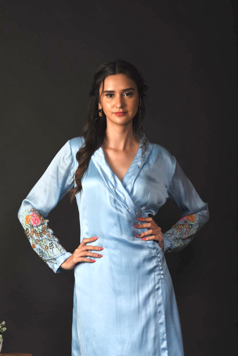 Ice blue embroidered wrap kurti set