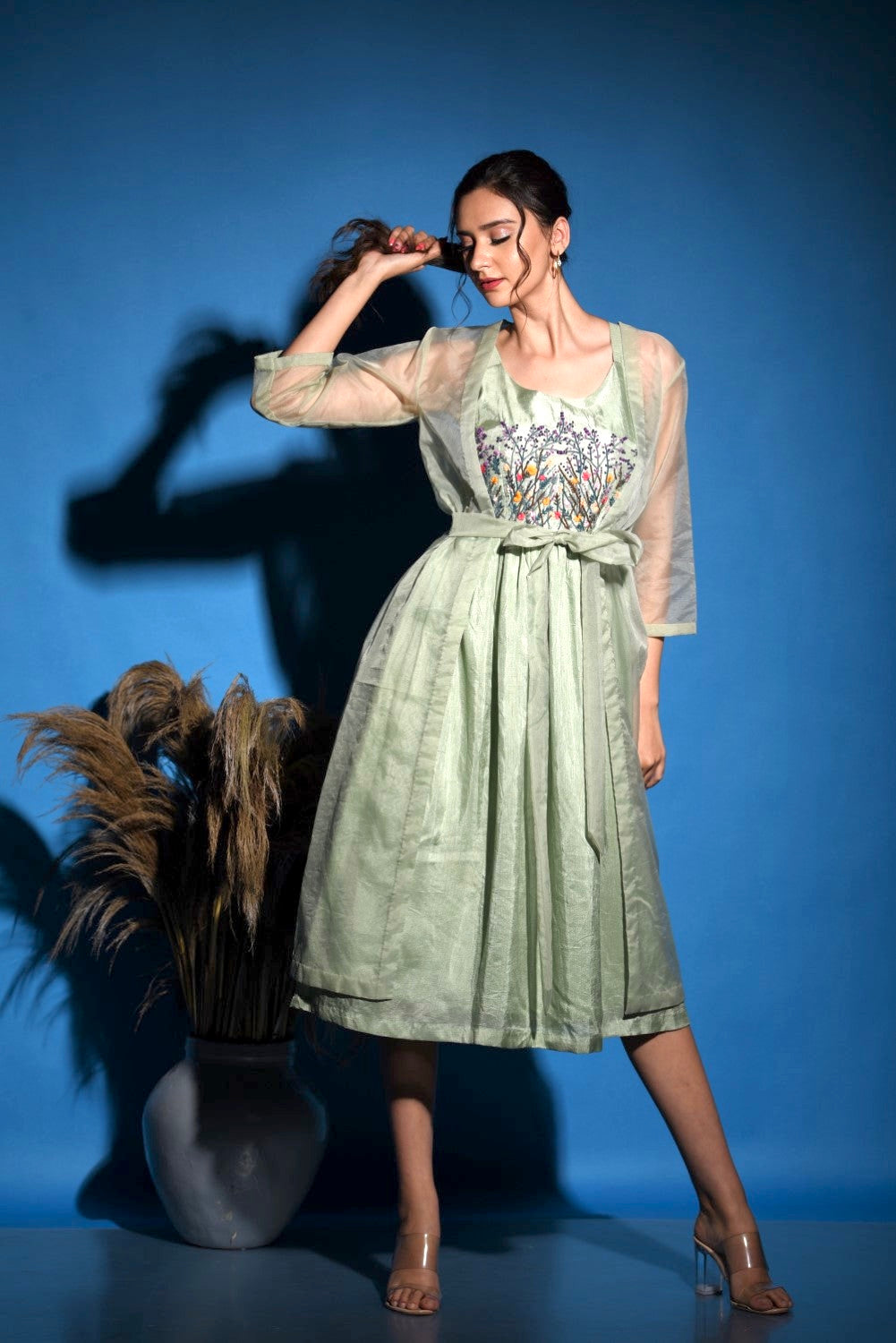 Mint green gathered midi dress with jacket