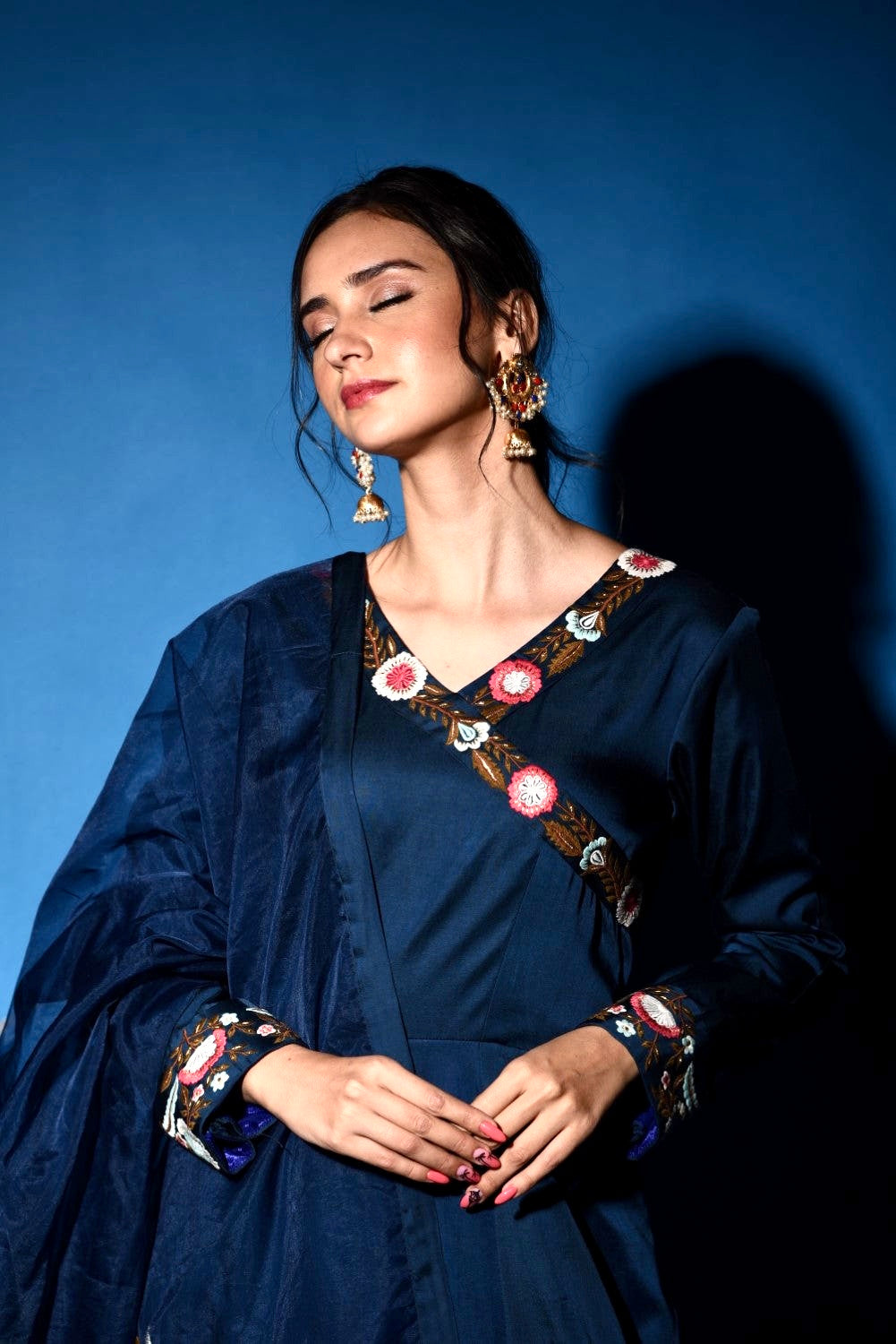 Blue peacock embroidered anarkali gown set
