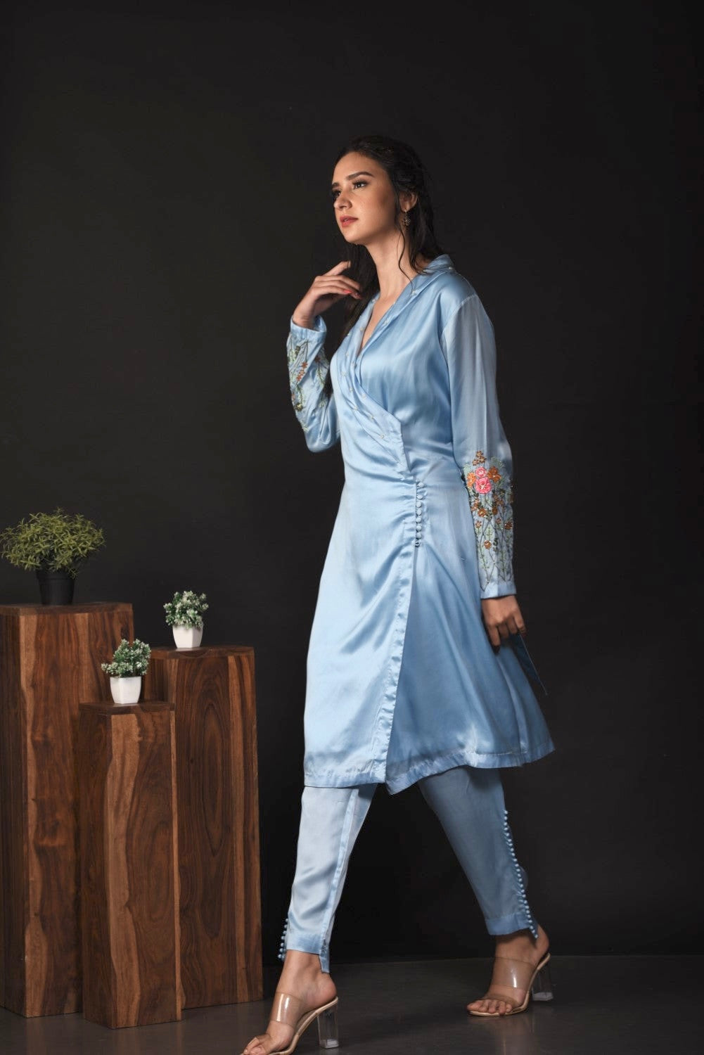 Ice blue embroidered wrap kurti set