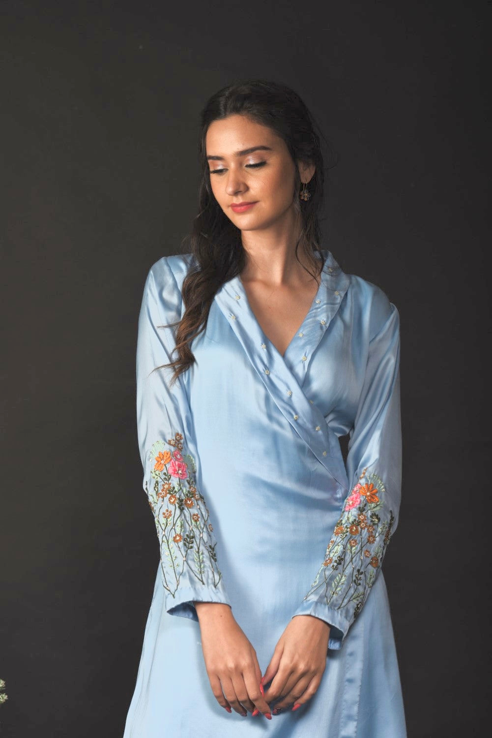 Ice blue embroidered wrap kurti set