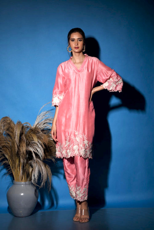 Peachy pink embroidered kurti set