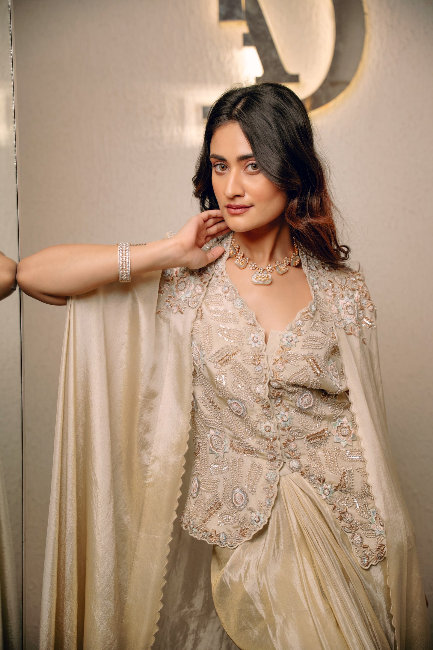 Ivory Waistcoat Paired With Pick Up Skirt And Embroidered Cape