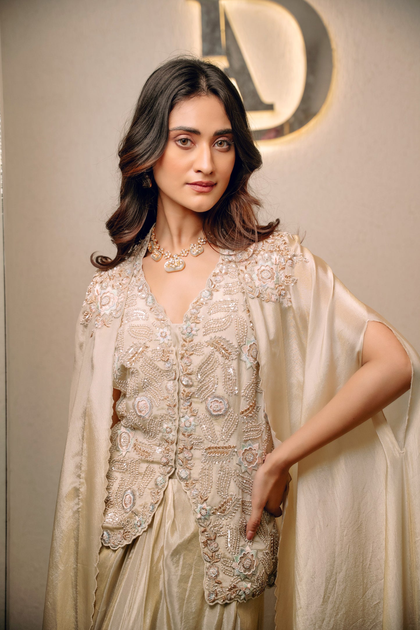 Ivory Waistcoat Paired With Pick Up Skirt And Embroidered Cape