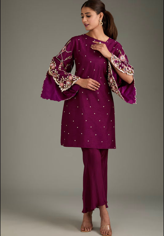 Maroon Couture Embroidered Kurti Bell Bottom set