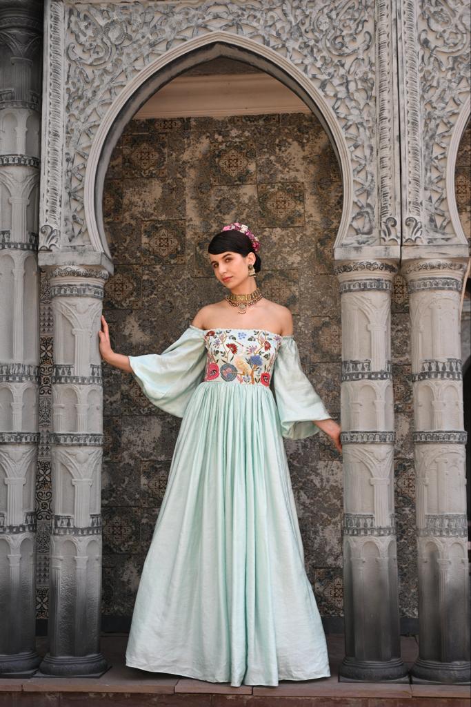 Akriti Kakar blue off-shoulder gown