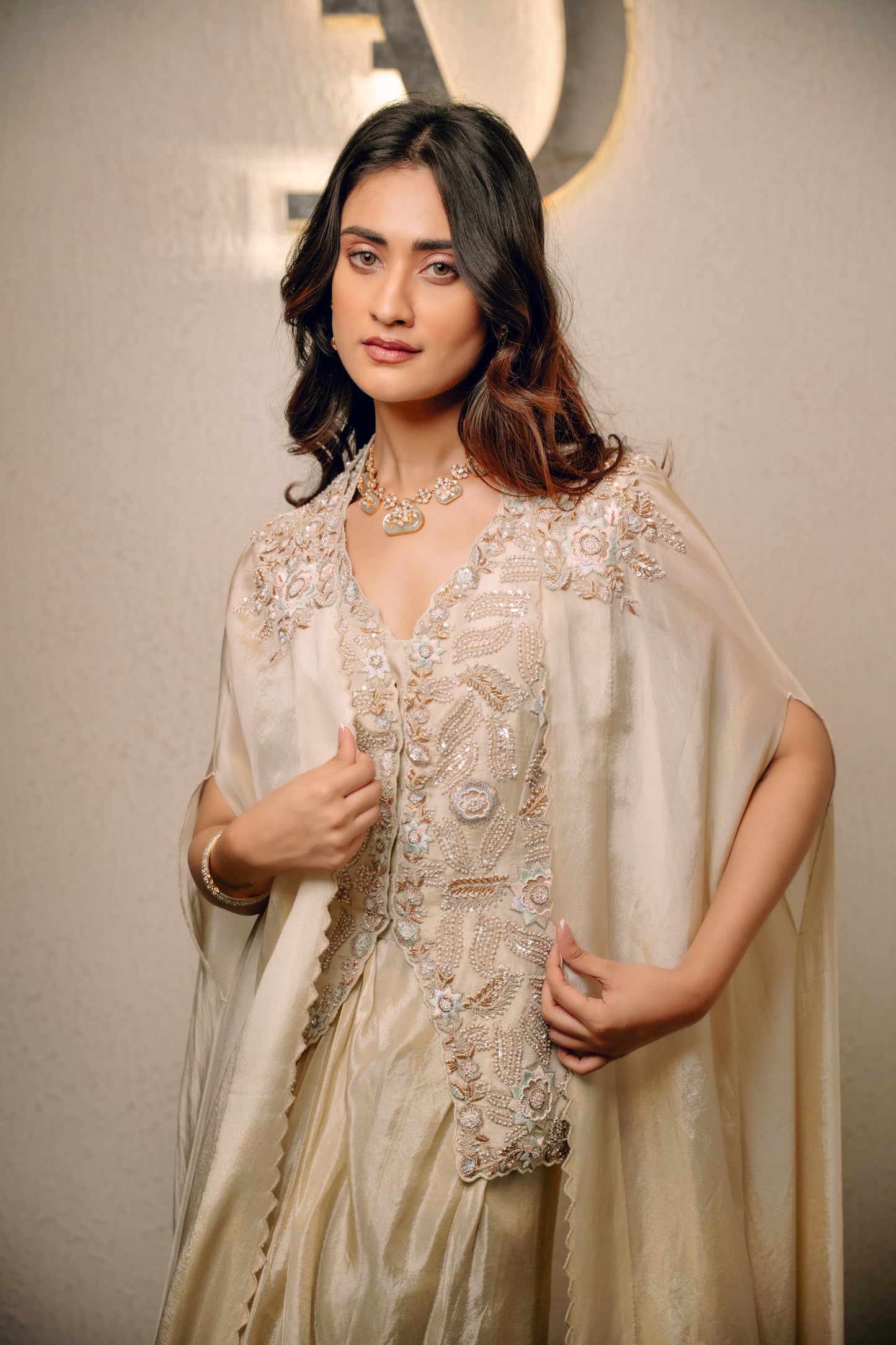 Ivory Waistcoat Paired With Pick Up Skirt And Embroidered Cape