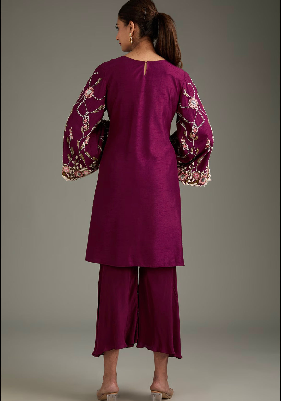 Maroon Couture Embroidered Kurti Bell Bottom set