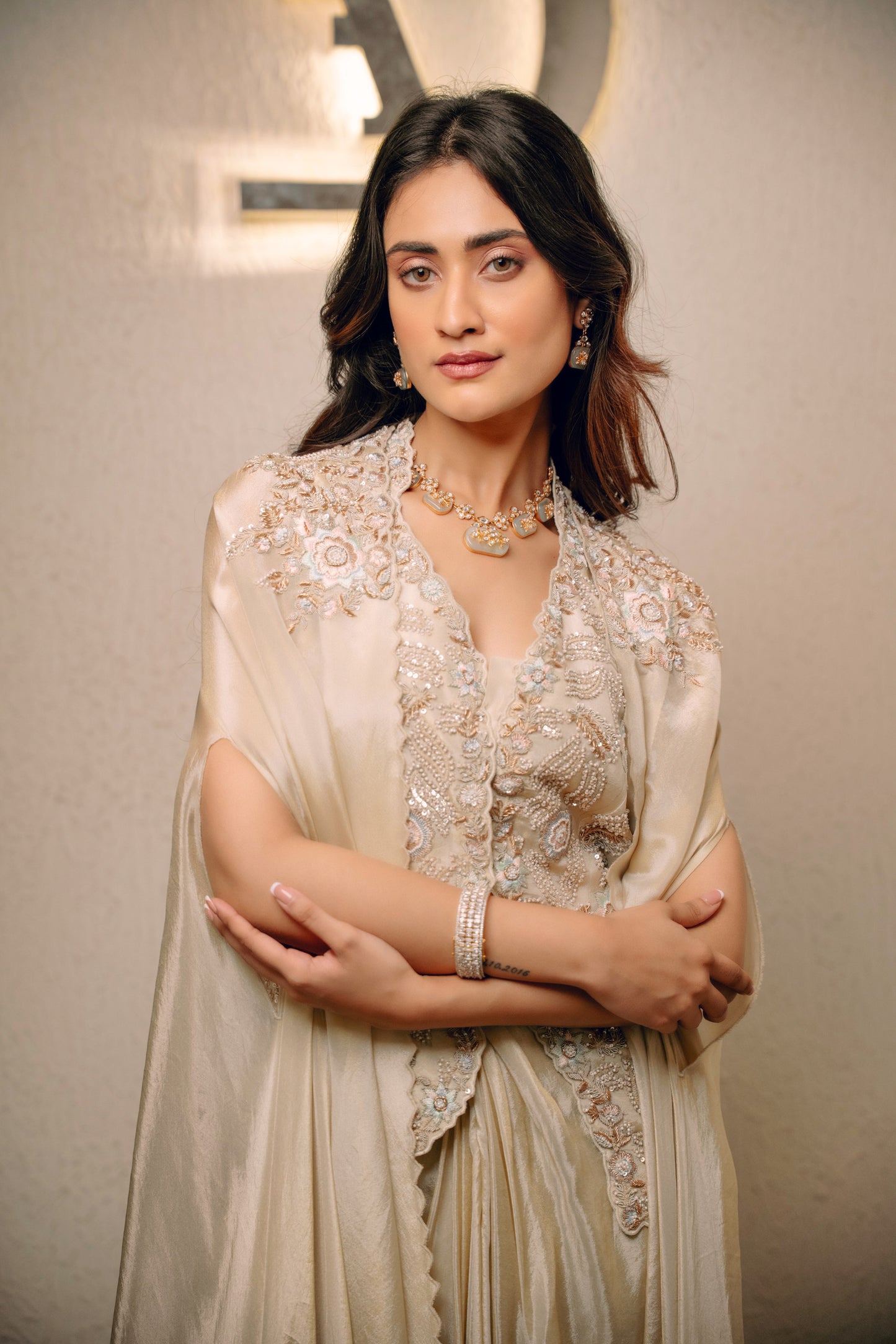 Ivory Waistcoat Paired With Pick Up Skirt And Embroidered Cape