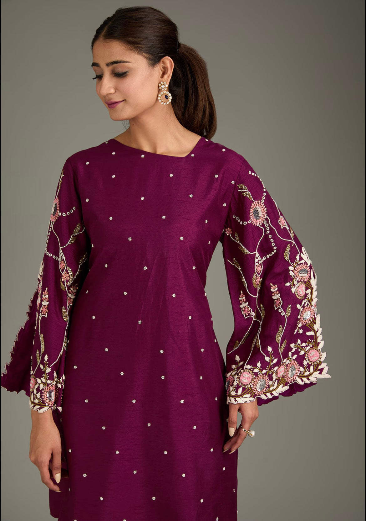 Maroon Couture Embroidered Kurti Bell Bottom set