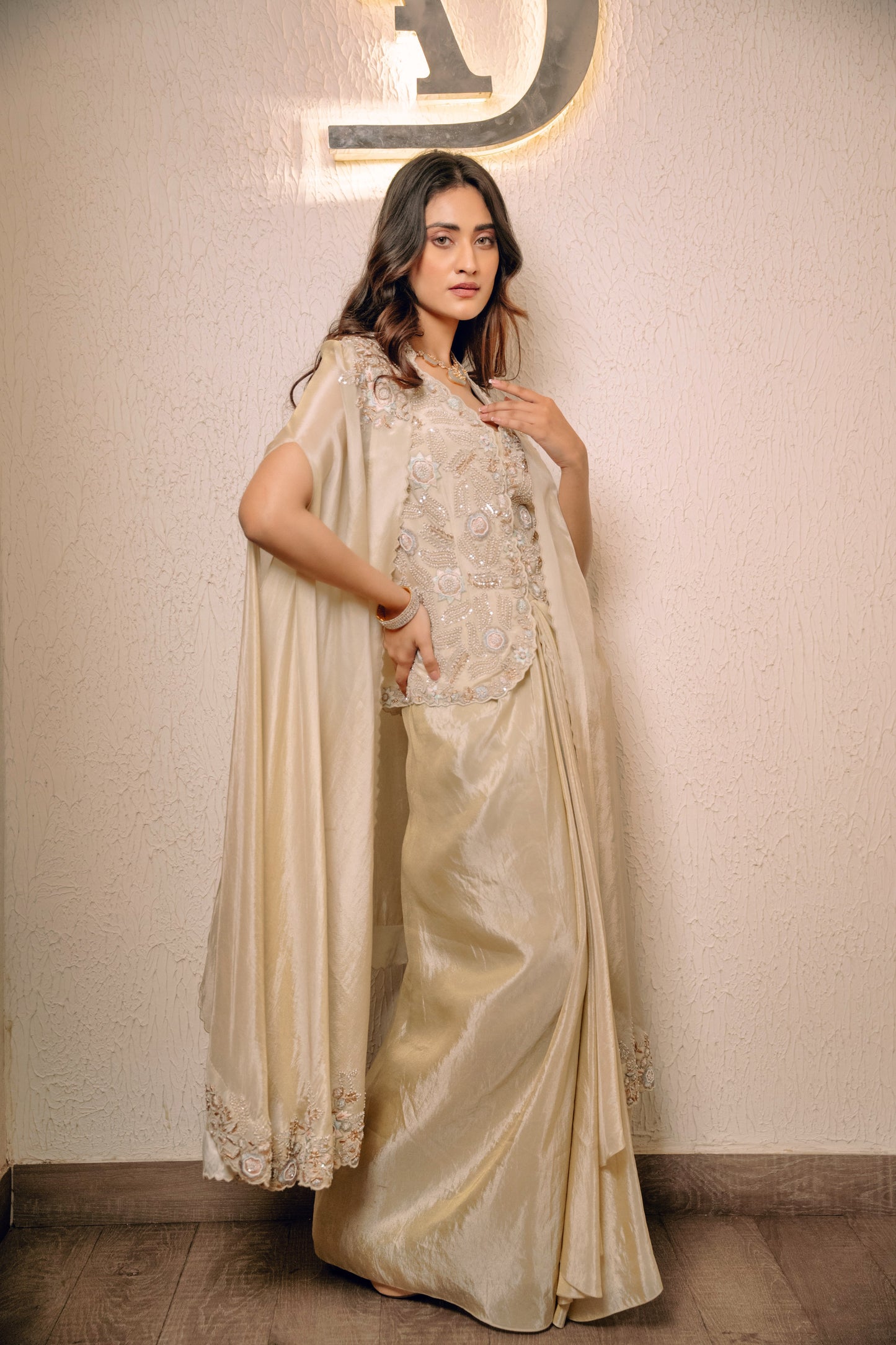 Ivory Waistcoat Paired With Pick Up Skirt And Embroidered Cape