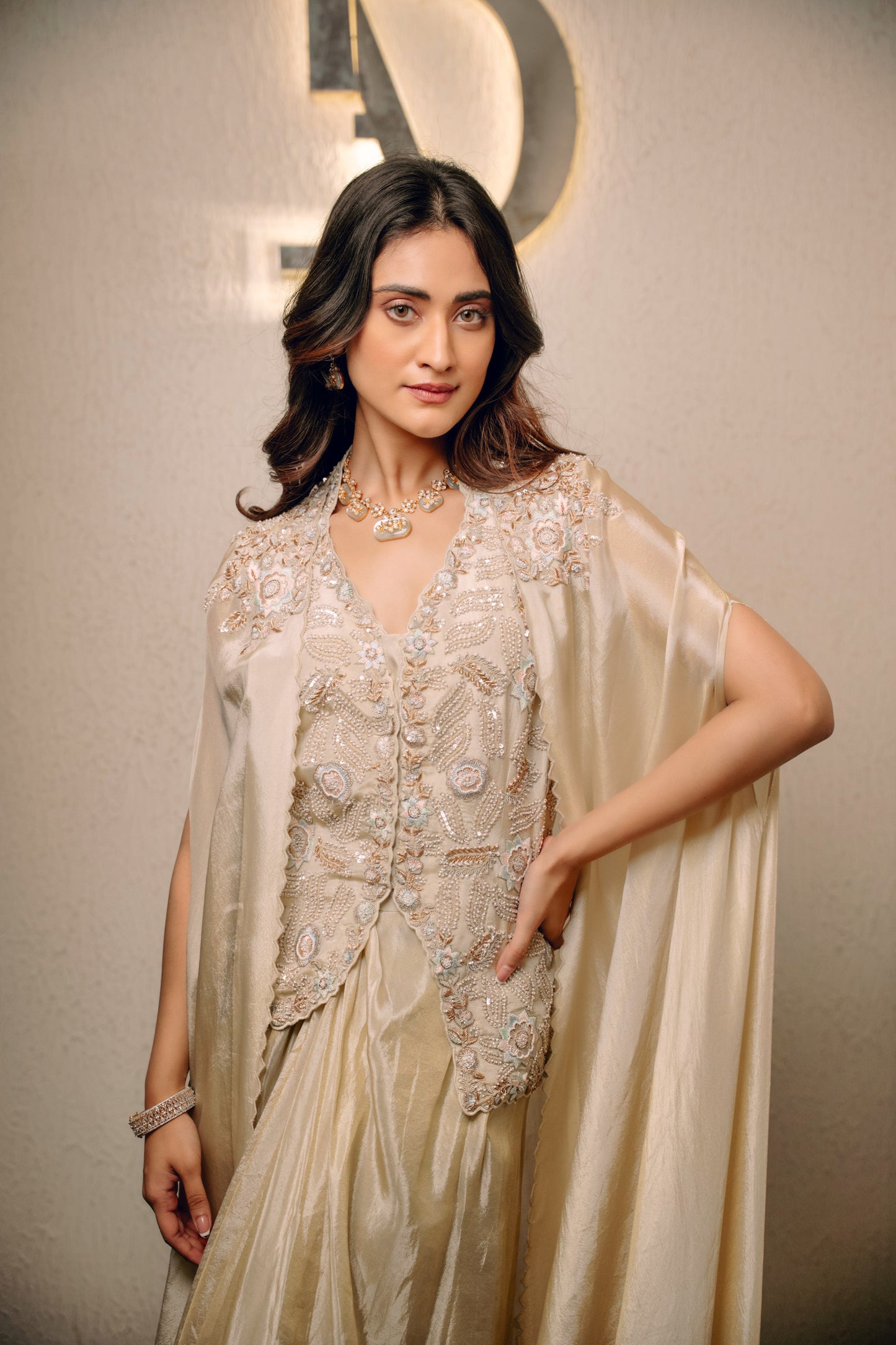 Ivory Waistcoat Paired With Pick Up Skirt And Embroidered Cape