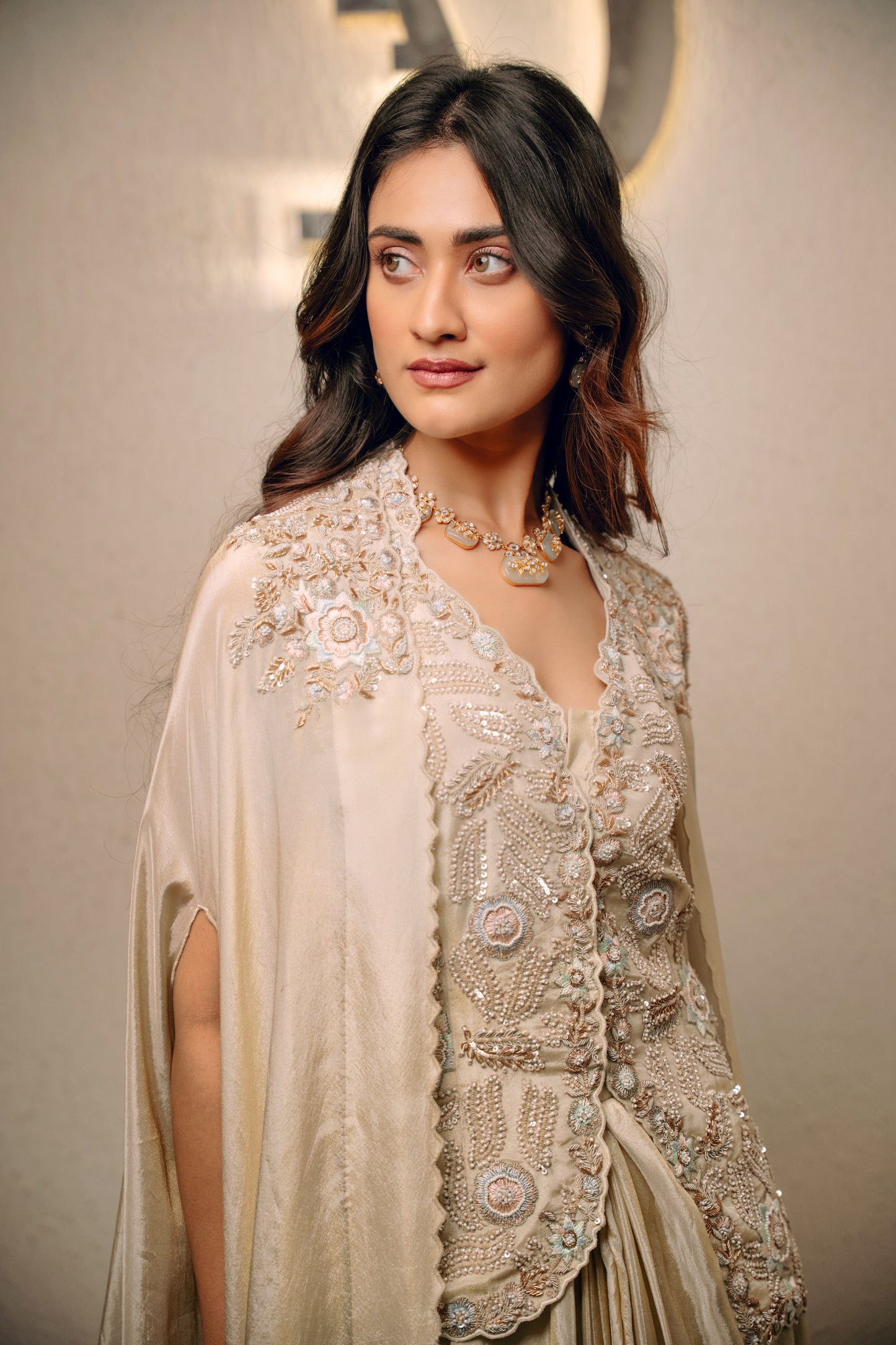 Ivory Waistcoat Paired With Pick Up Skirt And Embroidered Cape