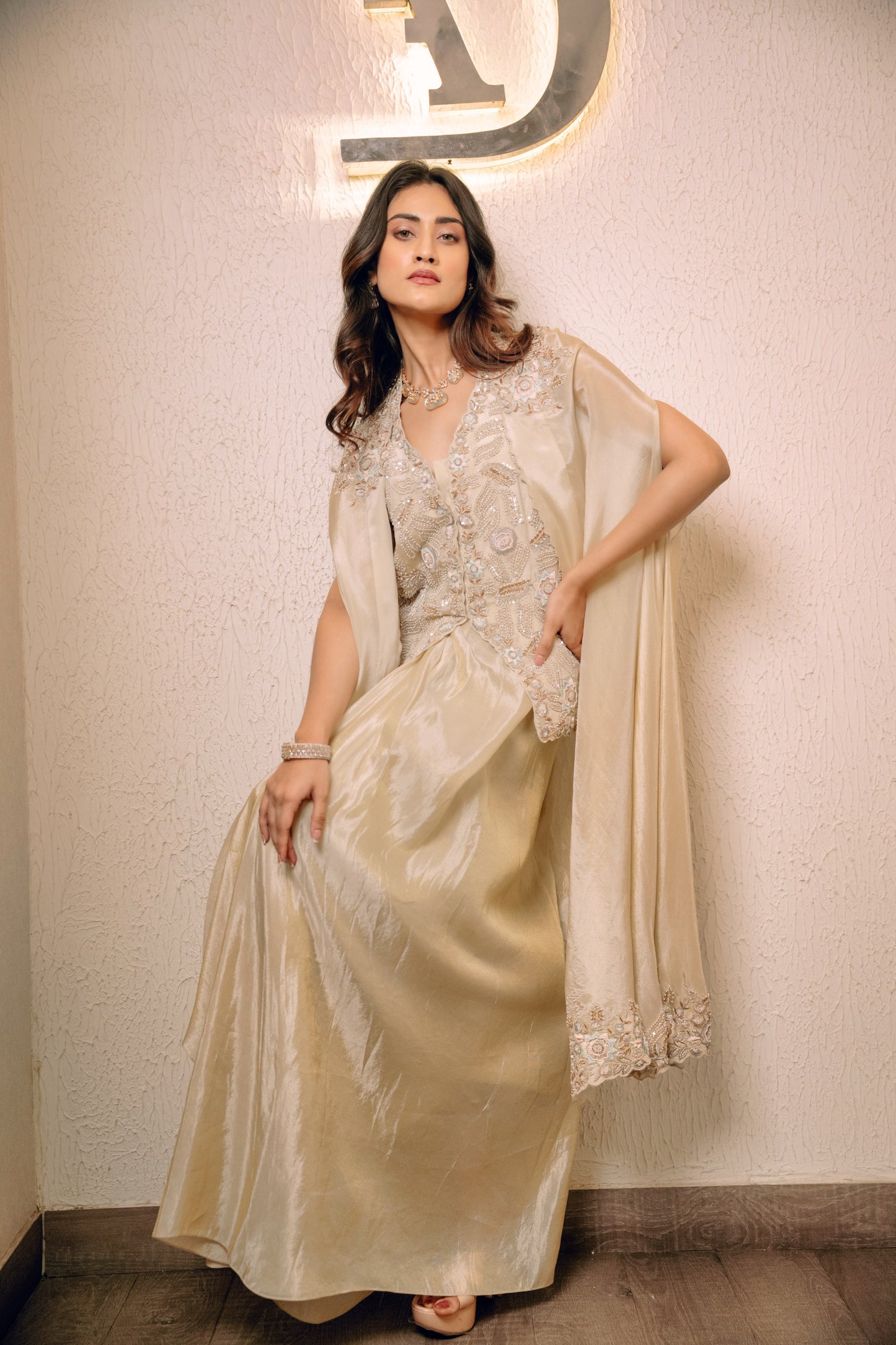 Ivory Waistcoat Paired With Pick Up Skirt And Embroidered Cape