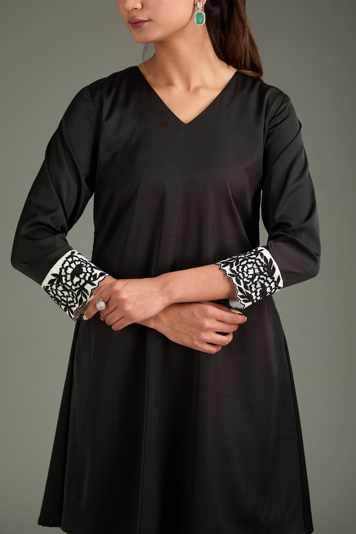 Black Couture Satin & Organza Hand Embroidered Kurta Set