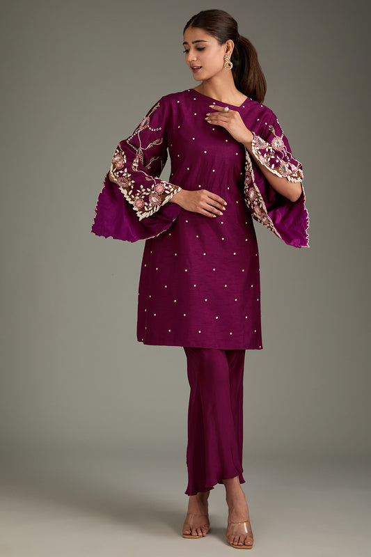 Maroon Couture Silk Hand Embroidered Kurta Set