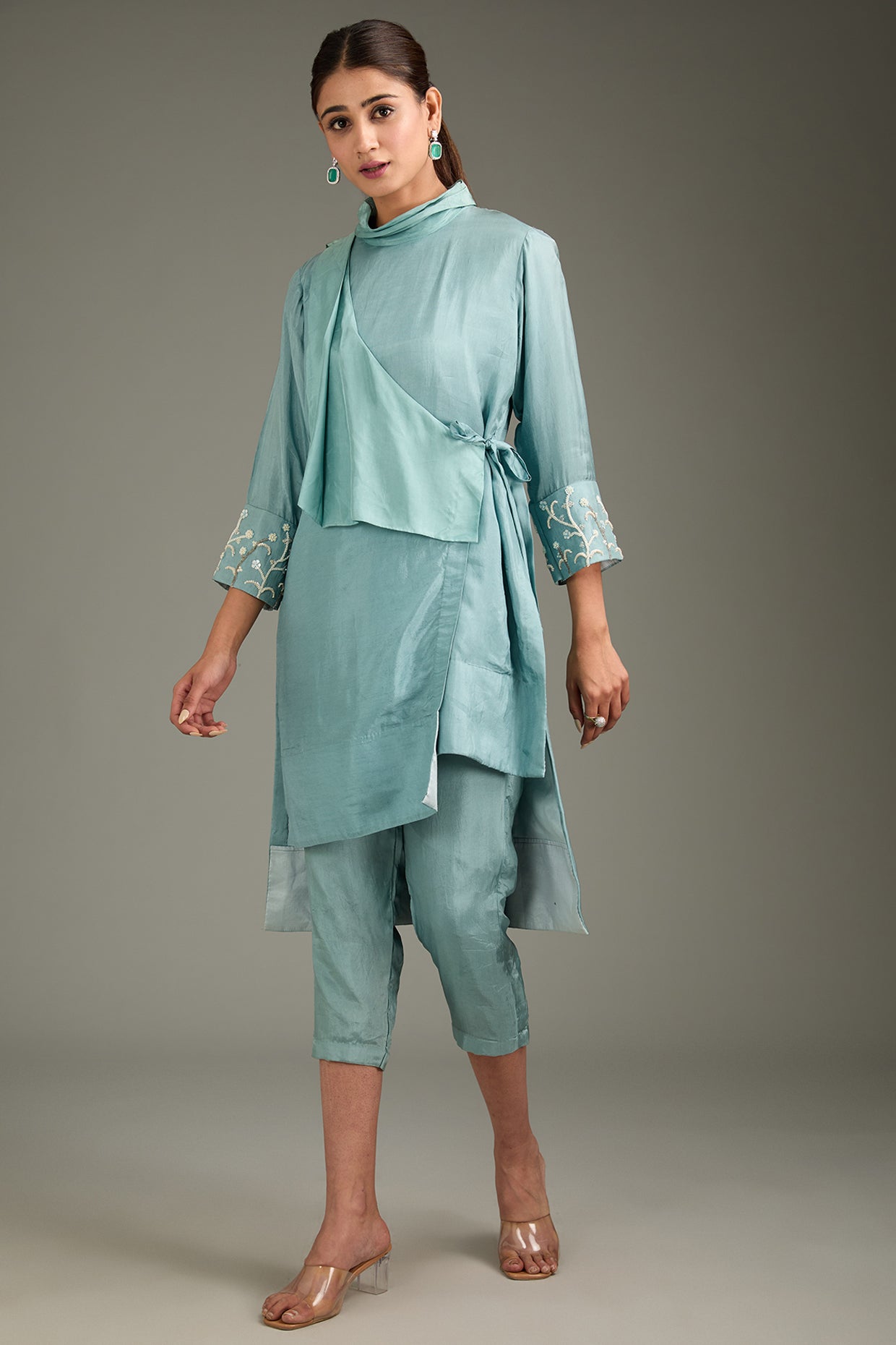 Teal Blue Couture Silk Moti Work Kurta Set
