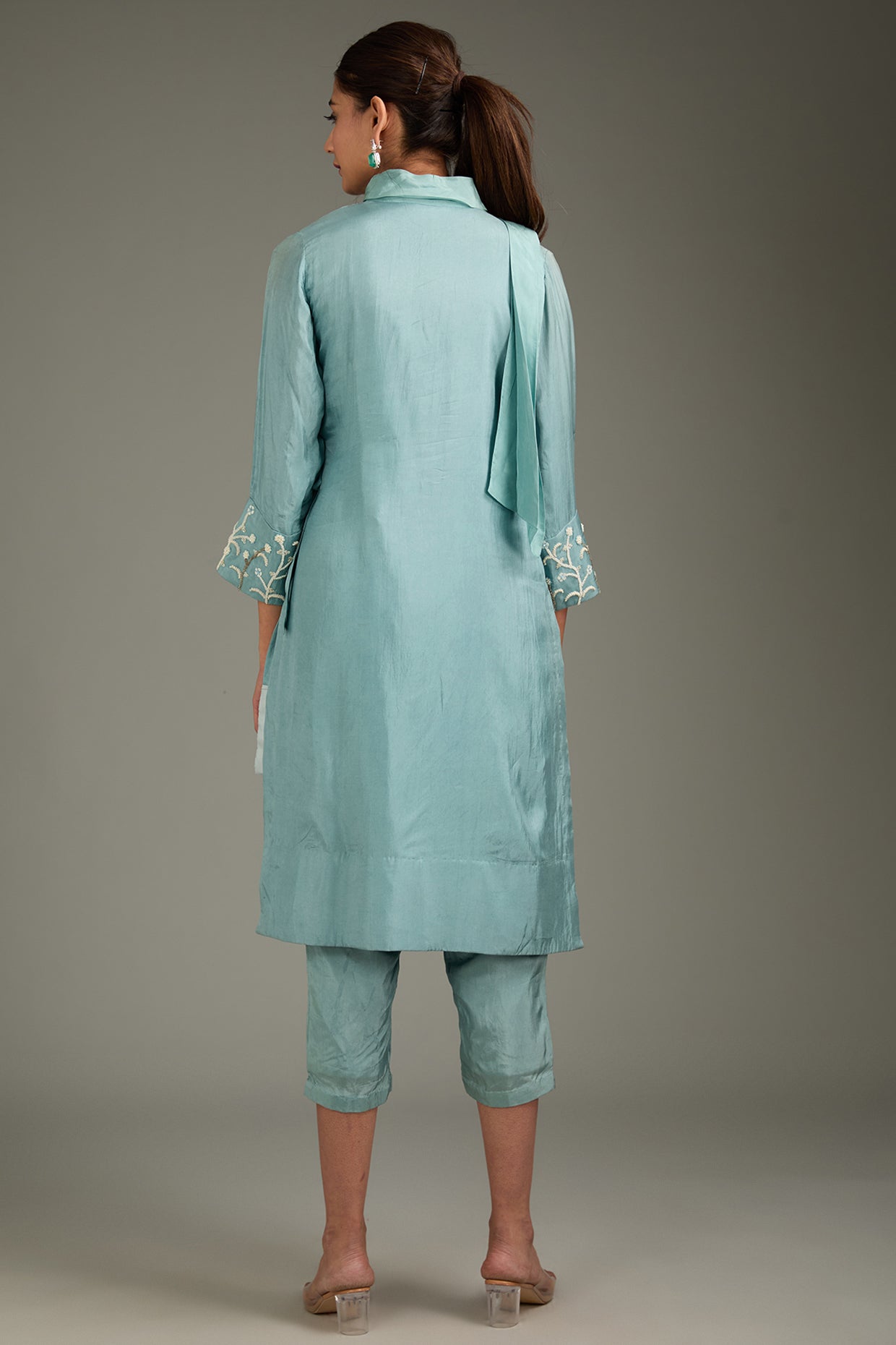 Teal Blue Couture Silk Moti Work Kurta Set