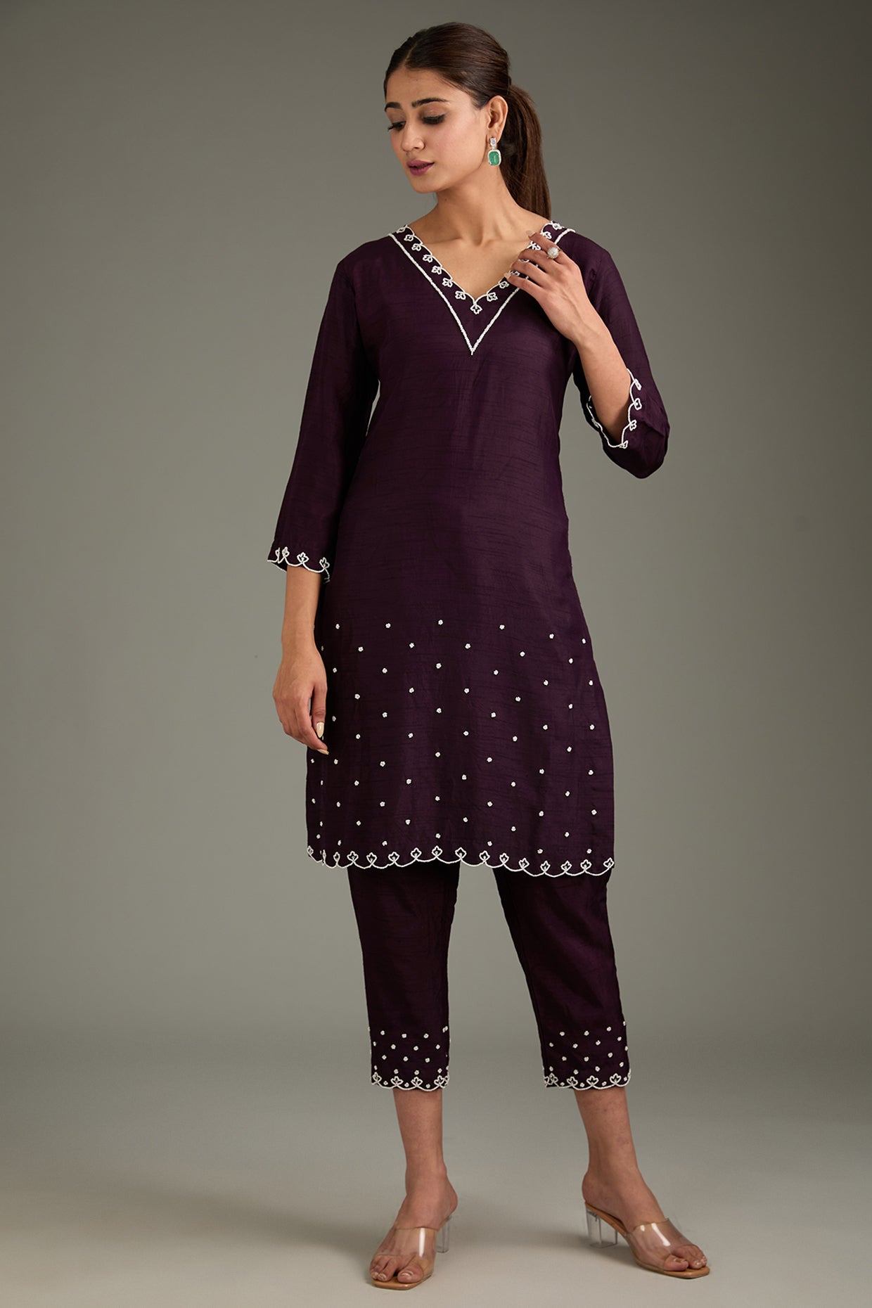 Wine Couture Silk Moti Work Kurta Set