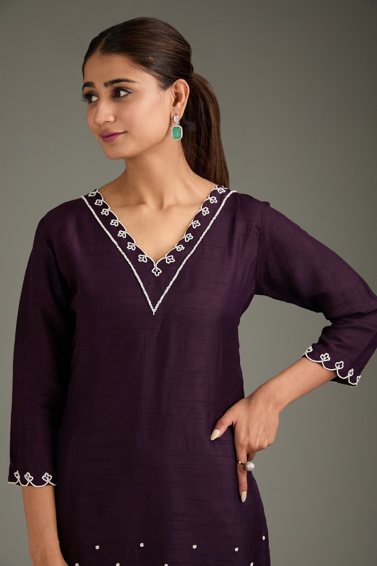 Wine Couture Silk Moti Work Kurta Set