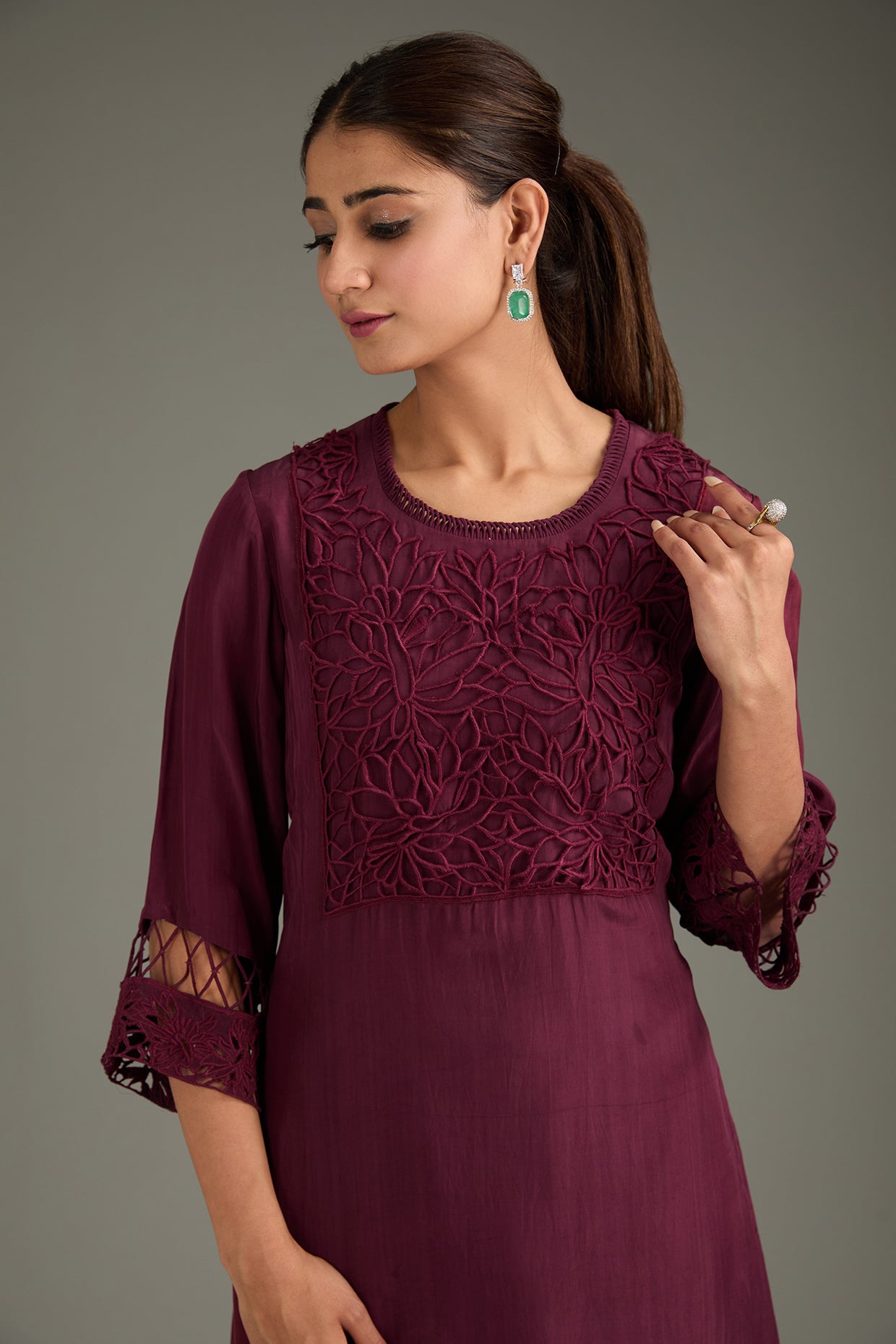 Maroon Couture Silk Cutwork Kurta Set
