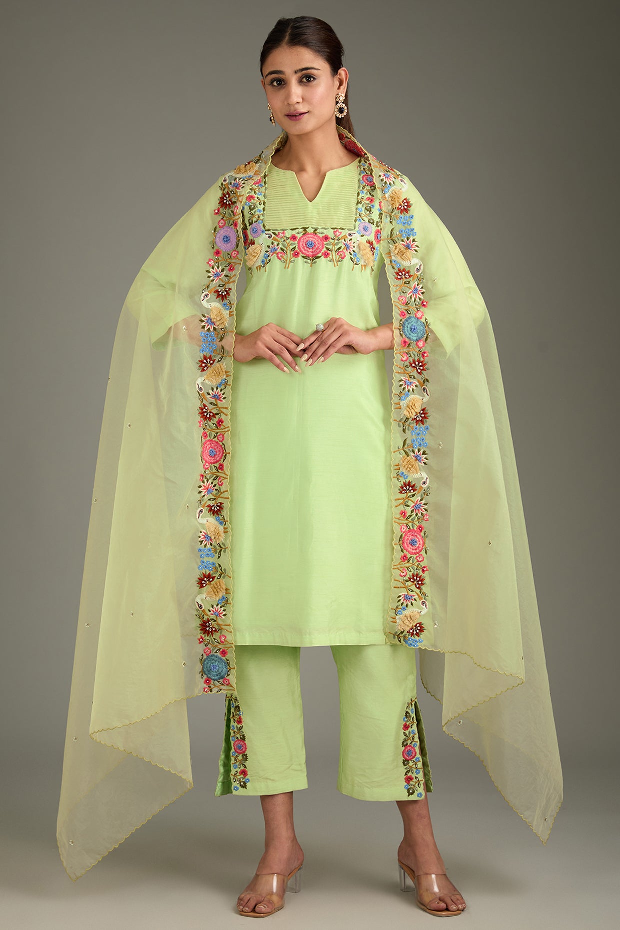 Light Green Couture Silk & Organza Hand Embroidered Kurta Set