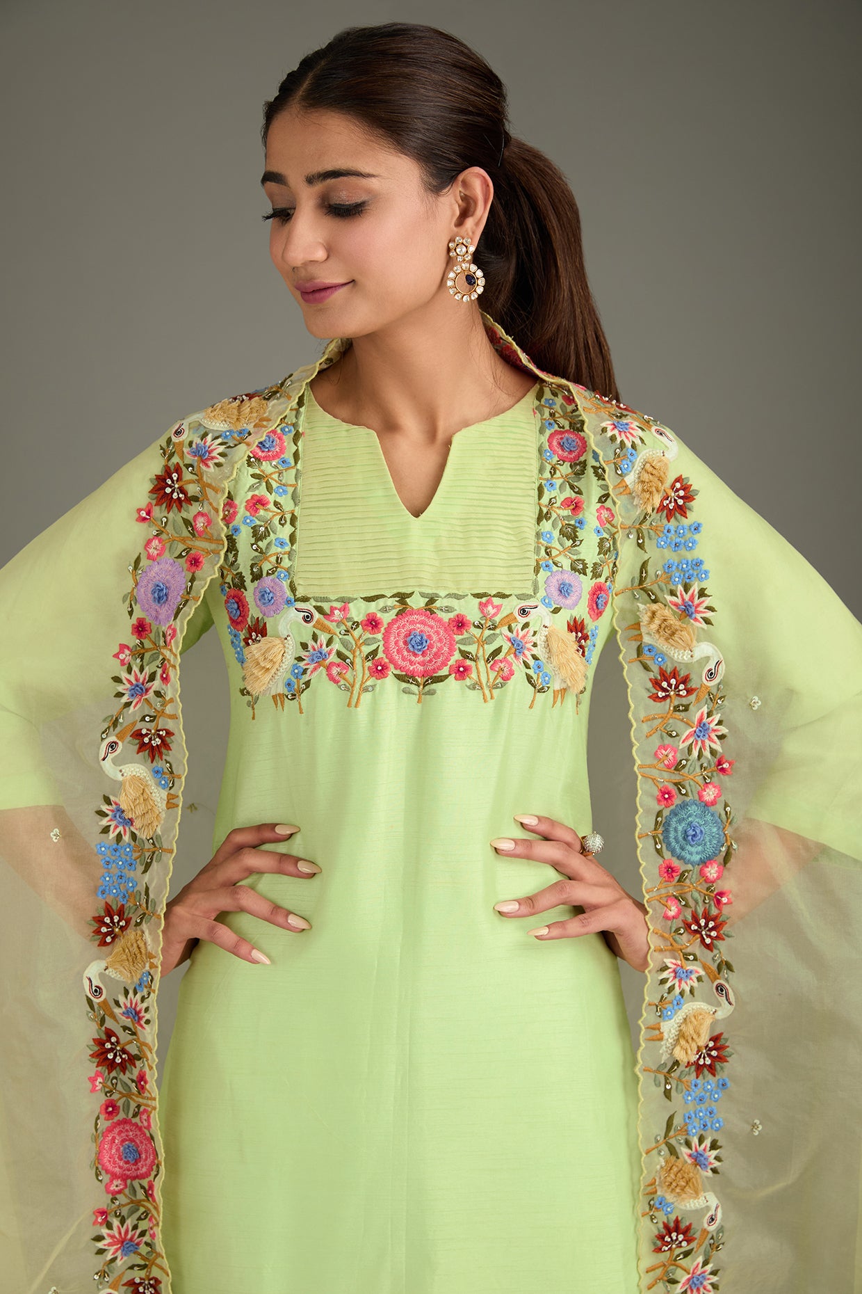 Light Green Couture Silk & Organza Hand Embroidered Kurta Set