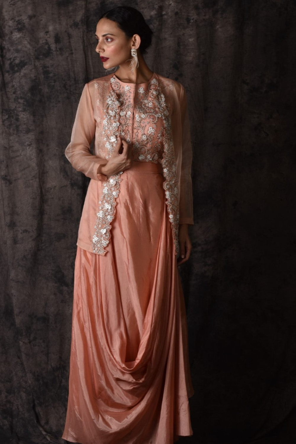 Peach cowl skirt set