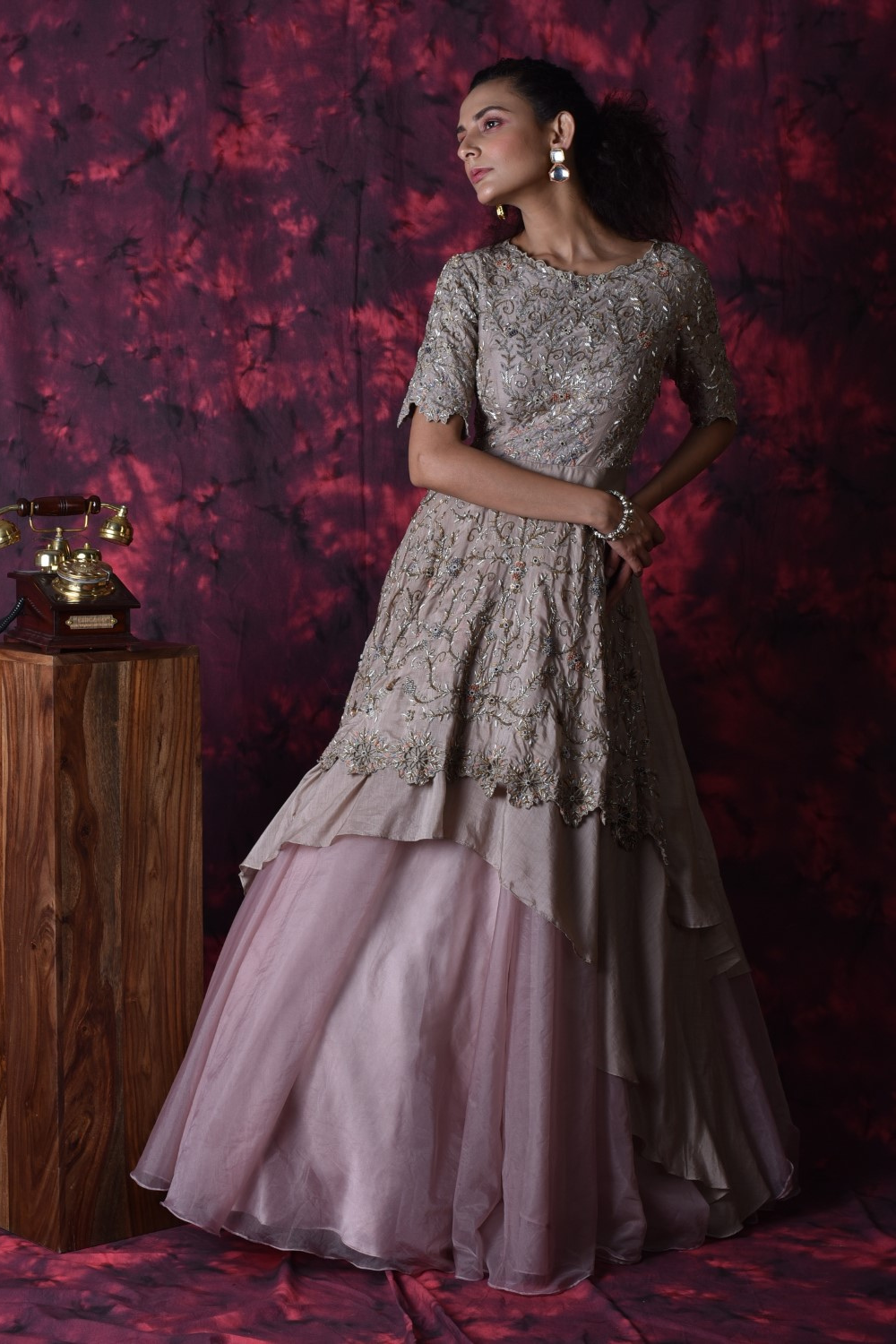 Beige embellished layered gown