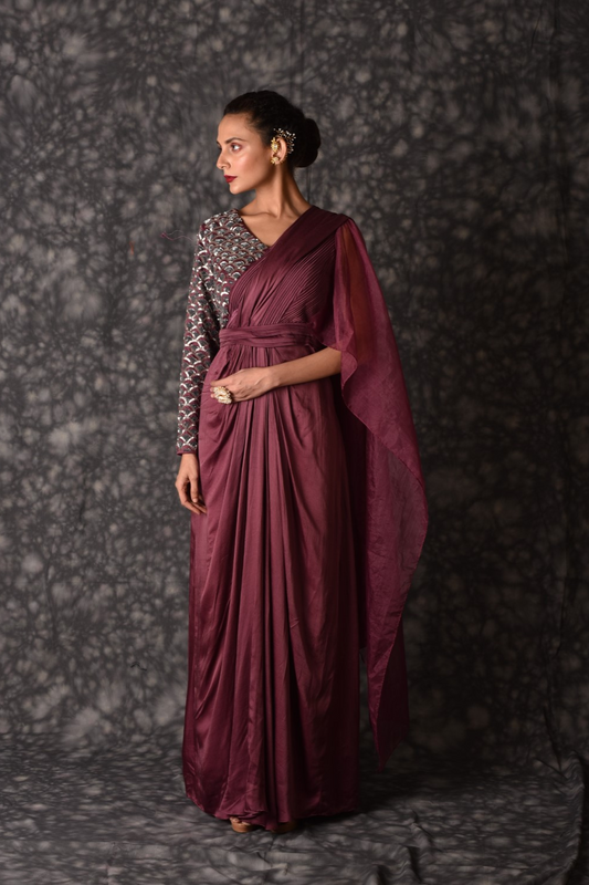 Wine embellished draped gown