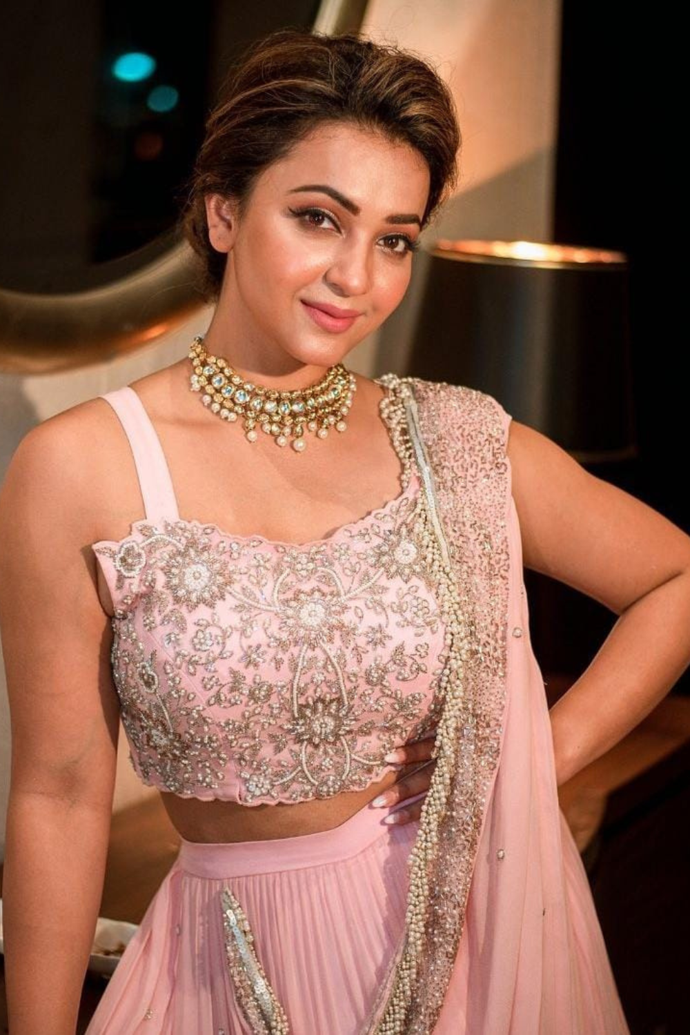 influencer's baby pink draped lehenga set